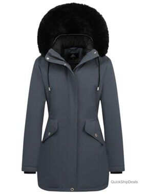 Women's Long Winter Down Puffer Coat Fleece Lined Faux Fur Hood Belted